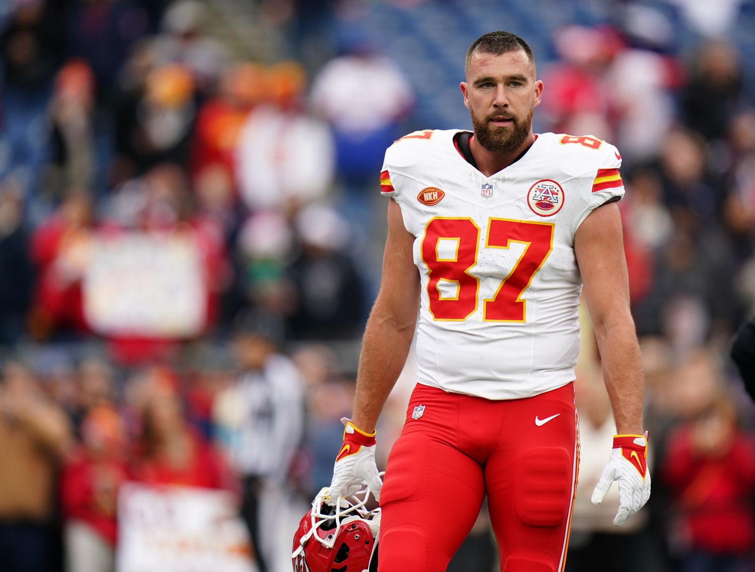 Kansas City Chiefs tight end Travis Kelce warms up before a game against the New England Patriots.